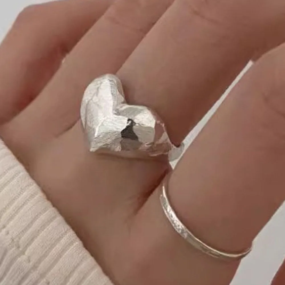 925 Sterling Silver Rings For Women Simple Minimalist Retro Heart Open Finger Ring Fashion Band Female Bijoux Gift