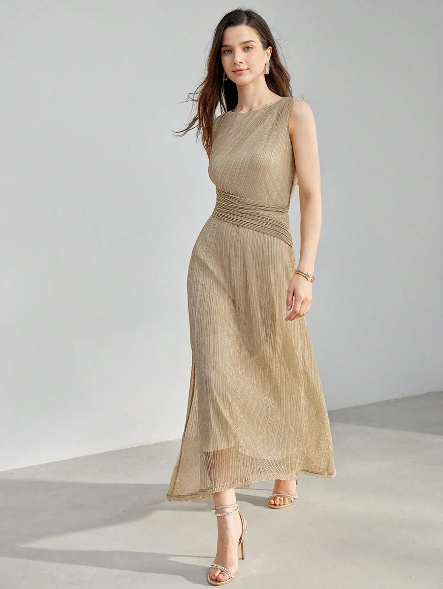 

Gold-Toned Sleeveless Maxi Dress With Vertical Pleats, Wrap Waist, And Asymmetrical Bias Draping Silhouette