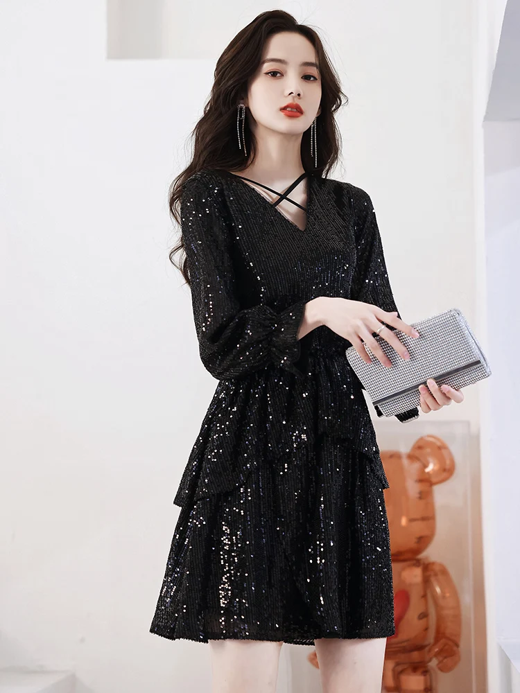 

Ele ort Bla Sequin Dr Women's Par Wear Korean Sle High Waist Long Sve V-Ne Wedding Ceremony Dr