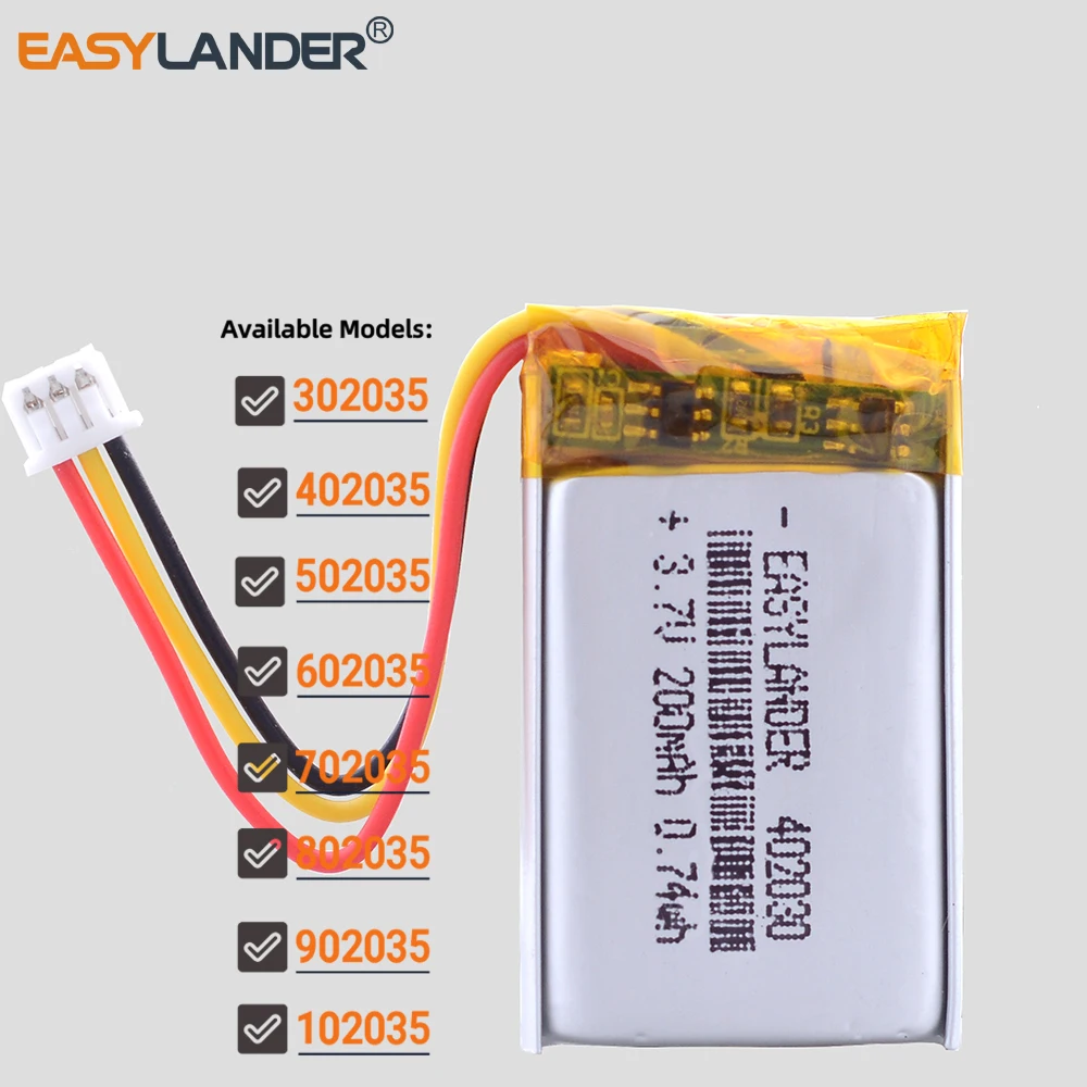 3.7V 250mAh 402035 Lithium Polymer Rechargeable Battery  JST 1.25mm-3pin  302035 502035 602035 702035 802035 902035 102035