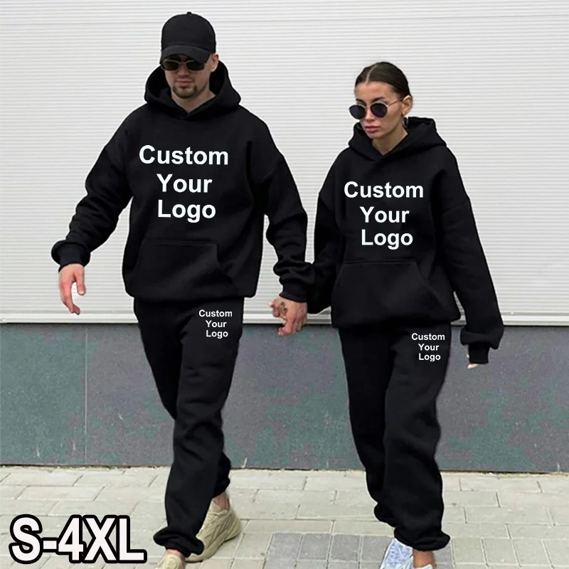 Custom Your Logo Hoodies Pants 2Pcs/Sets Sweatshirt Sweatpants Male Gyms Fitness Tops Trousers Joggers Sportswear Tracksuits