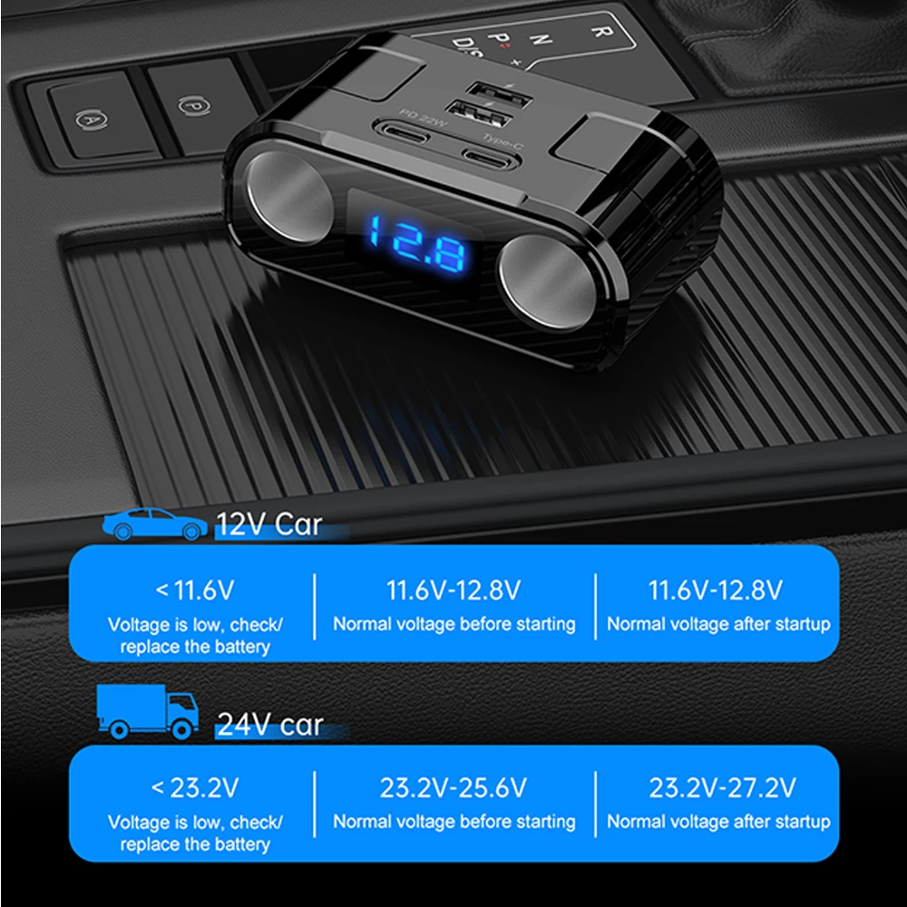 12V/24V Car Cigarette Lighter Socket Splitter Plug LED PD QC3.0 USB Fast Charger 4Port Socket With Voltmeter Extension Cable