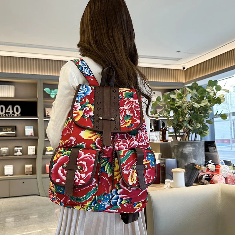 Mochila informal de gran capacidad para mujer, bolso escolar de nailon Floral Vintage, antirrobo de viaje, multifunción