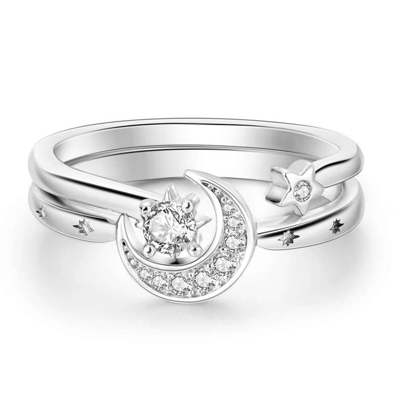 Original 925 Sterling Silver Double Layer Stars Moon Ring For Women Girls Jewelry Birthday Anniversary Gifts