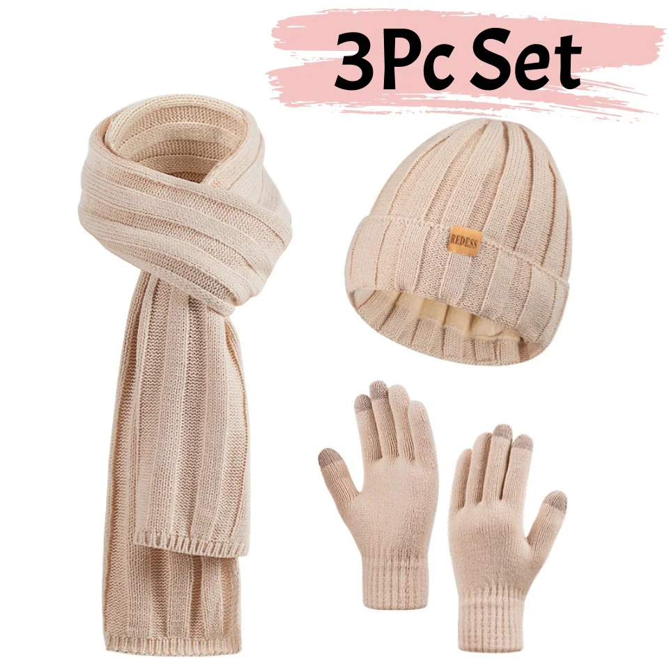 Winter Beanie Hat Scarf Gloves, Warm Fleece Knit Hat Long Scarf Neck Warmer Touch Screen Winter Gloves Set Gifts for Women