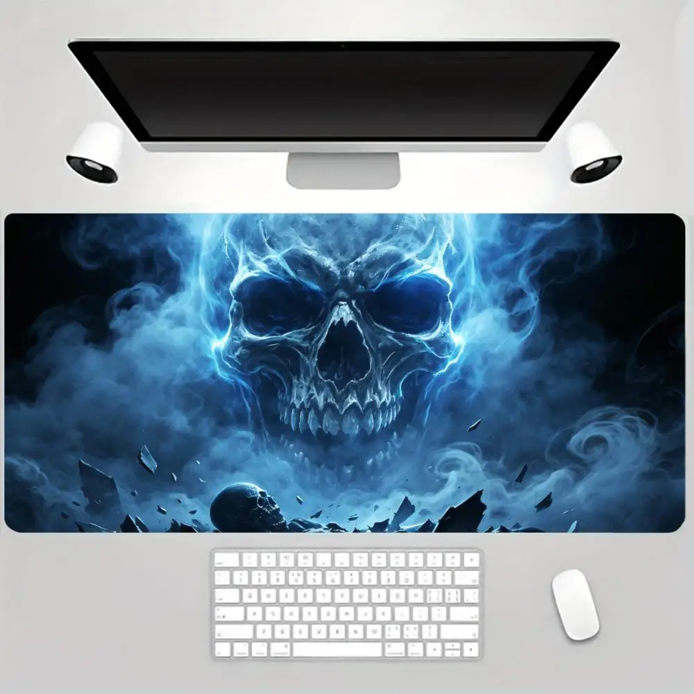 Mysterious Blue Lightning Ghost Skeleton Art Extended Gaming Mouse Pad, Anti-Fade Rubber Desk Mat Dark Fog Skull Print view 4