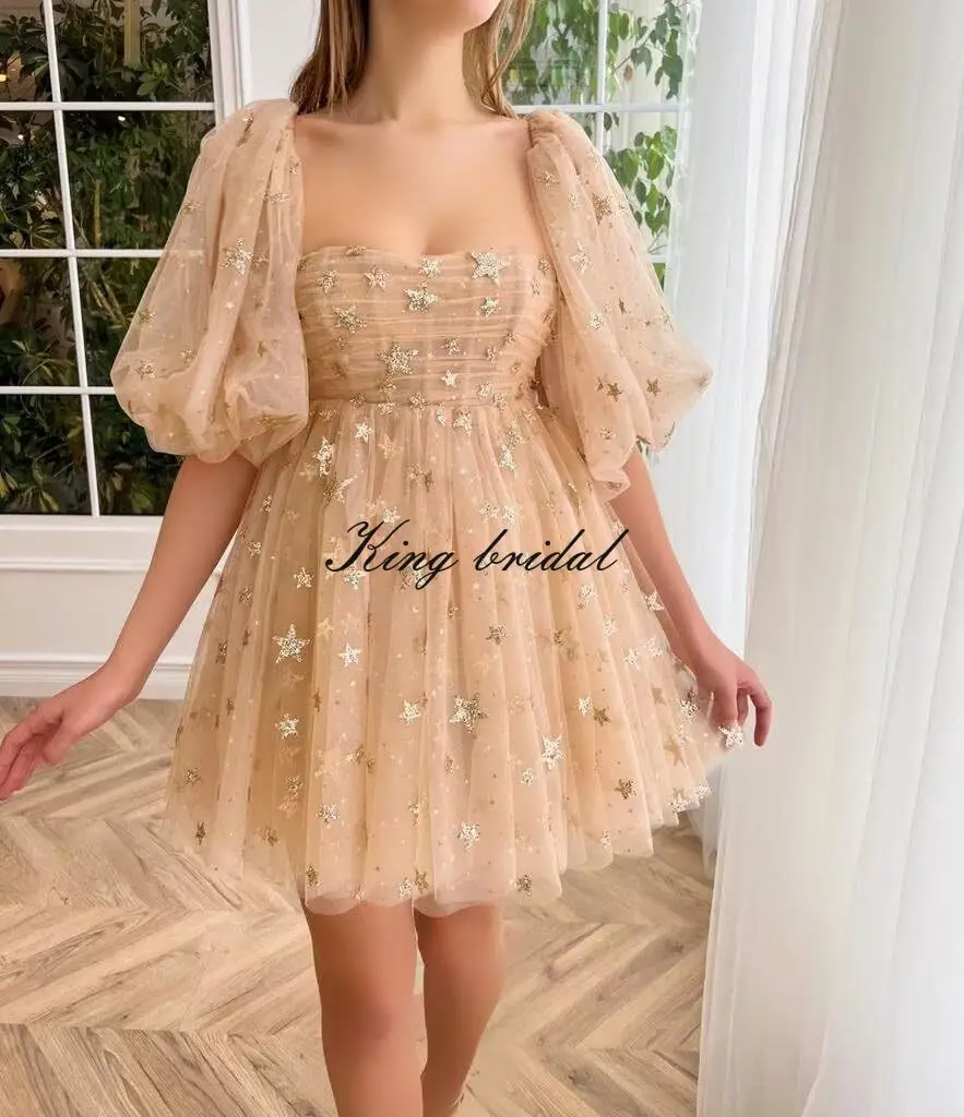 فساتين قصيرة لحفلات العودة للوطن من التول المرصع بالنجوم اللامعة للمراهقين، فستان حفلة موسيقية صغير بأكمام منتفخة، فستان رسمي للنادي #2