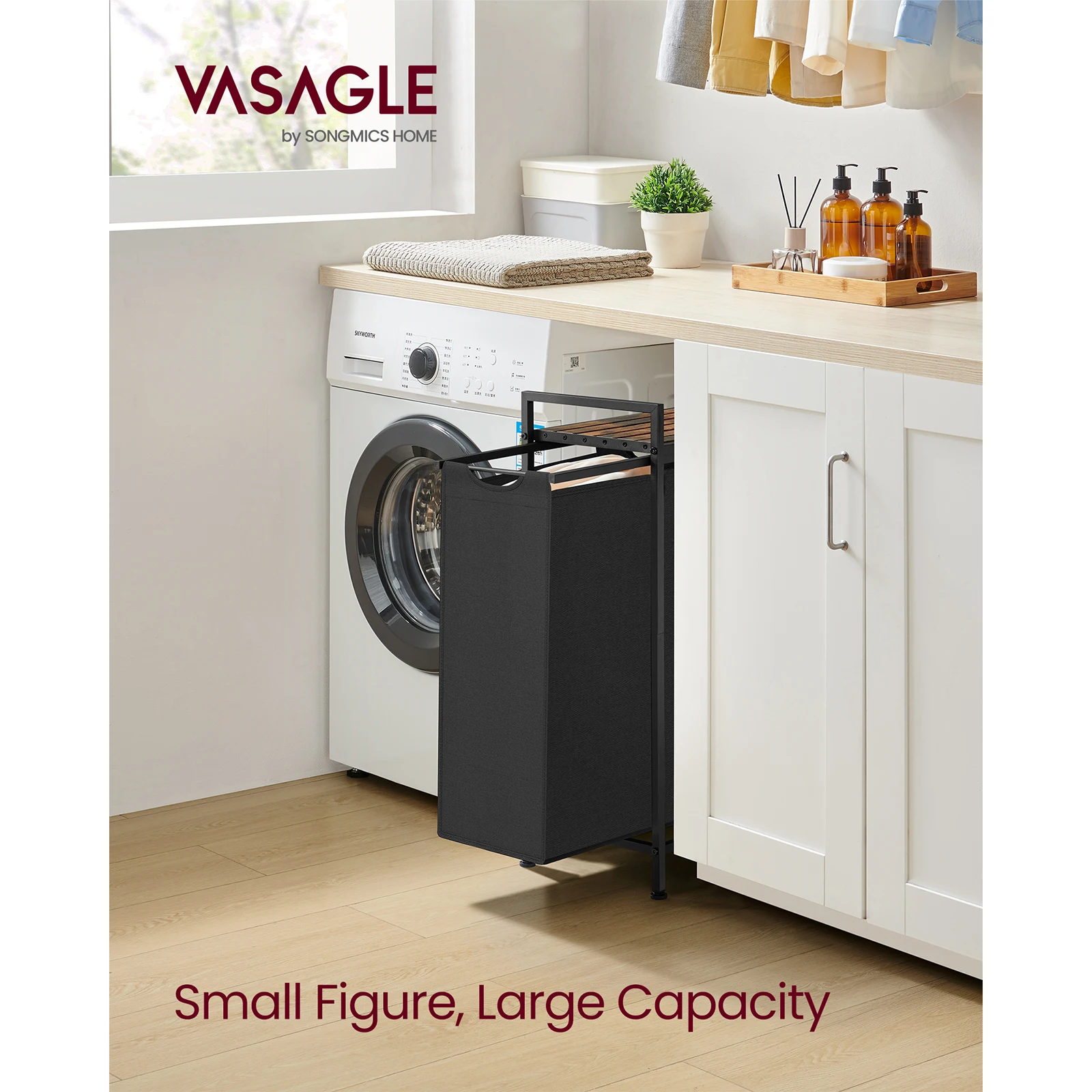 VASAGLE Laundry Basket,Pull-Out and Removable Laundry Bag, Laundry Sorter, Shelf, Metal Frame, 47 L, 42 x 28 x 75 cm