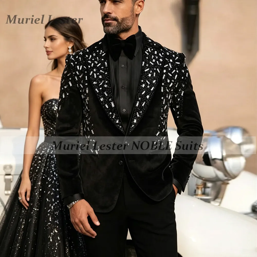 

Luxury Diamond Beading Suits Men Formal Wear Velvet Prom Blazer Pants 2 Piece Sets Groom Wedding Tuxedos Customized Man Outfits