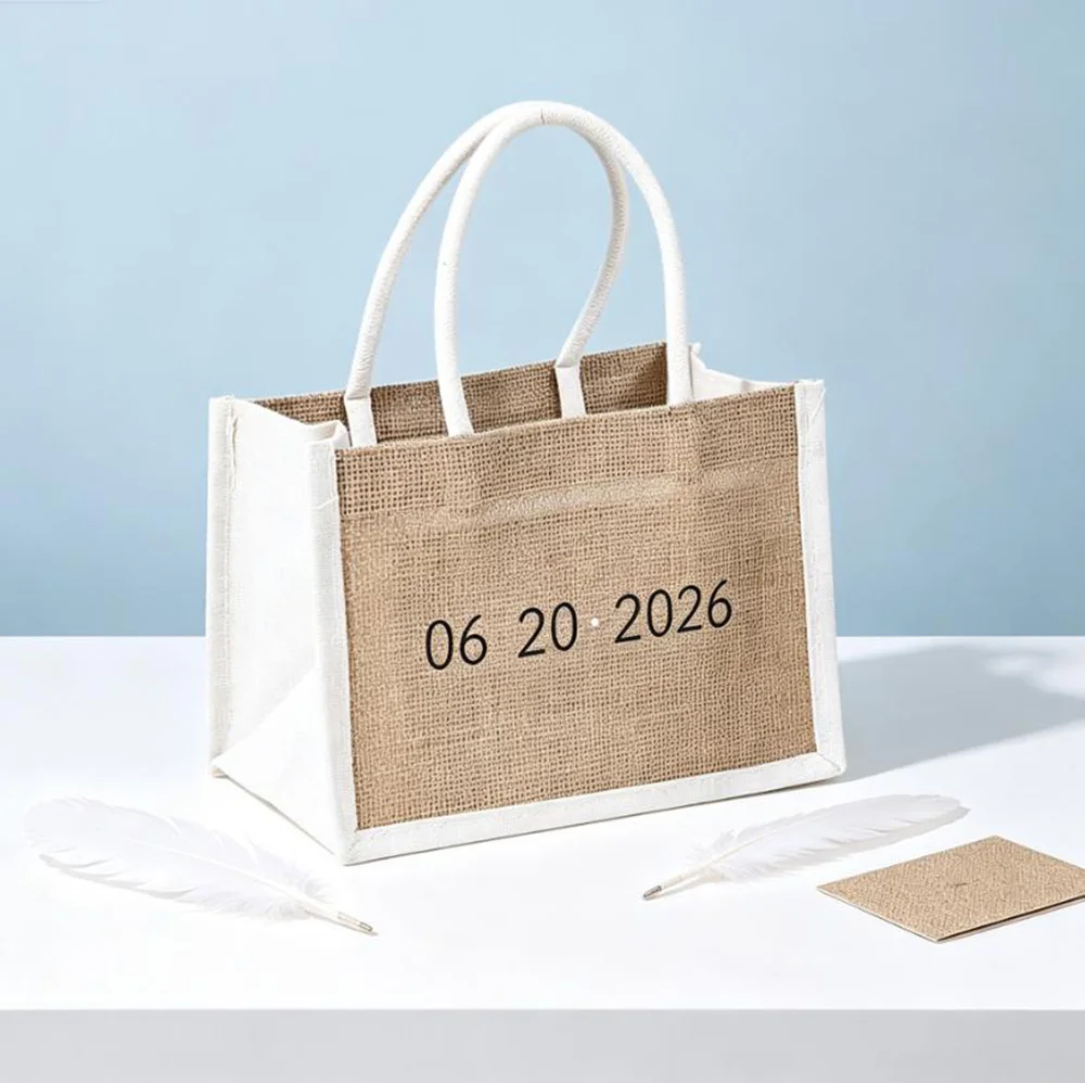 

Eco Friendly Linen Tote Bag White Side Panels Custom Bridesmaid Proposal Bag For Bridal Squad Gift Summer
