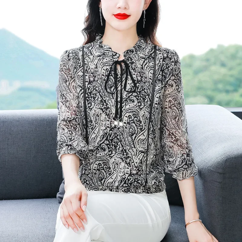 Middle Aged Blouses for Women Elegant Noble Fall Printing Chiffon Shirt Elastic Waist Loose Long Sleeved Blouse Fashion