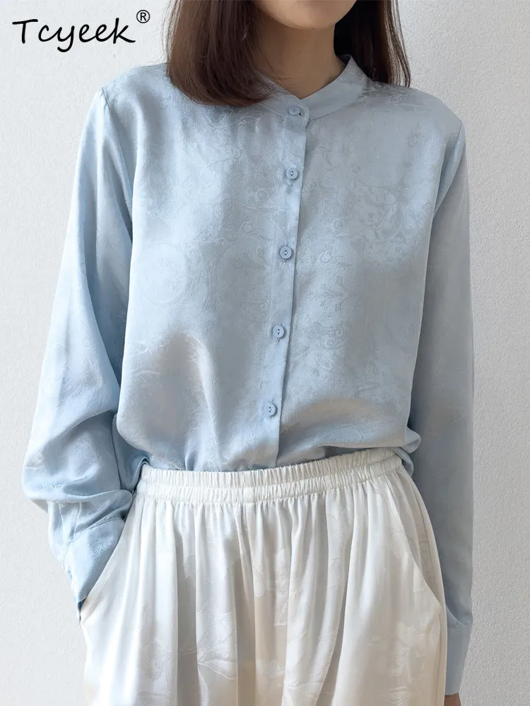 Tcyeek 100% Real Silk Blouses for Women 2026 Spring Summer Breathable Stand Collar Long Sleeves Shirt Lady Clothes Chemise Femme