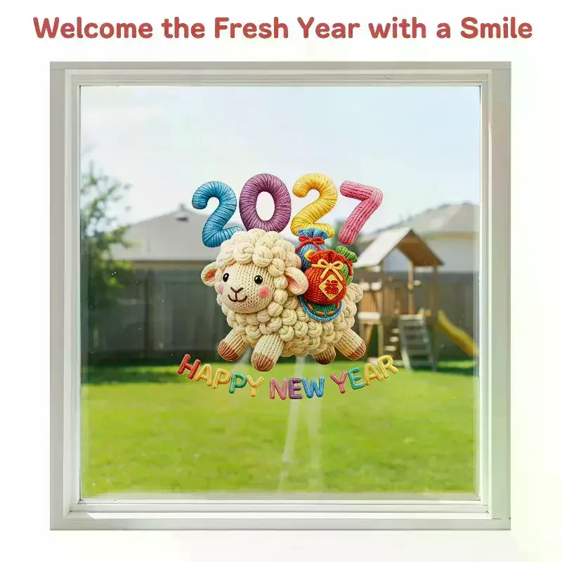 2027 New Year Window Sticker Knitted Sheep Design Same Color Both Sides Self Adhesive for Bedroom Wall Decor