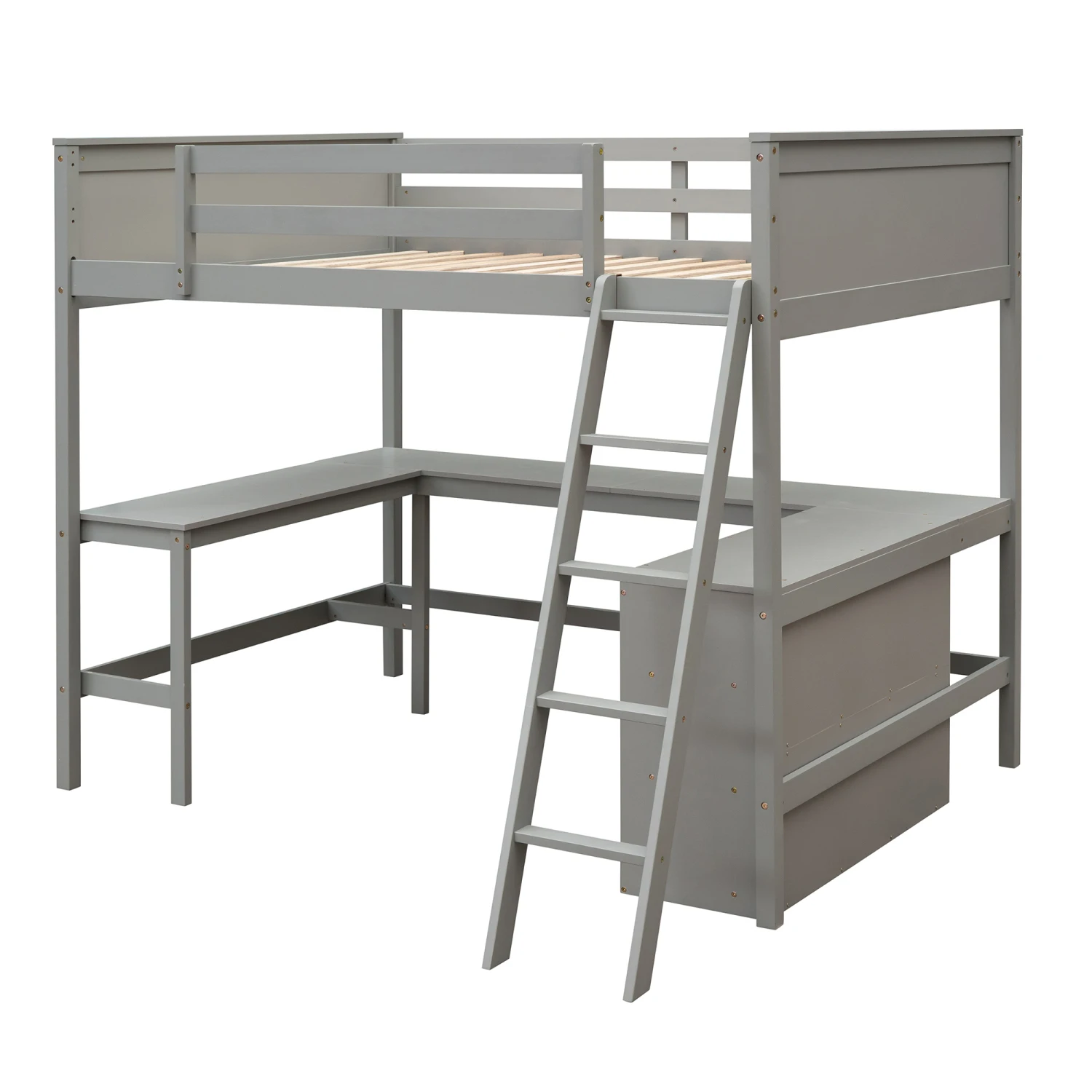 Full Size Loft Bed with Shelves and Desk, Gray Wooden Loft Bed - Optimized Storage Solution