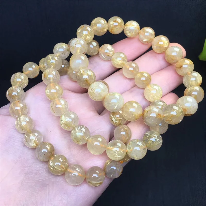 10MM Natural Gold Rutilated Quartz Bracelet Jewelry For Woman Man Lucky Gift Energy Crystal Round Beads Strands