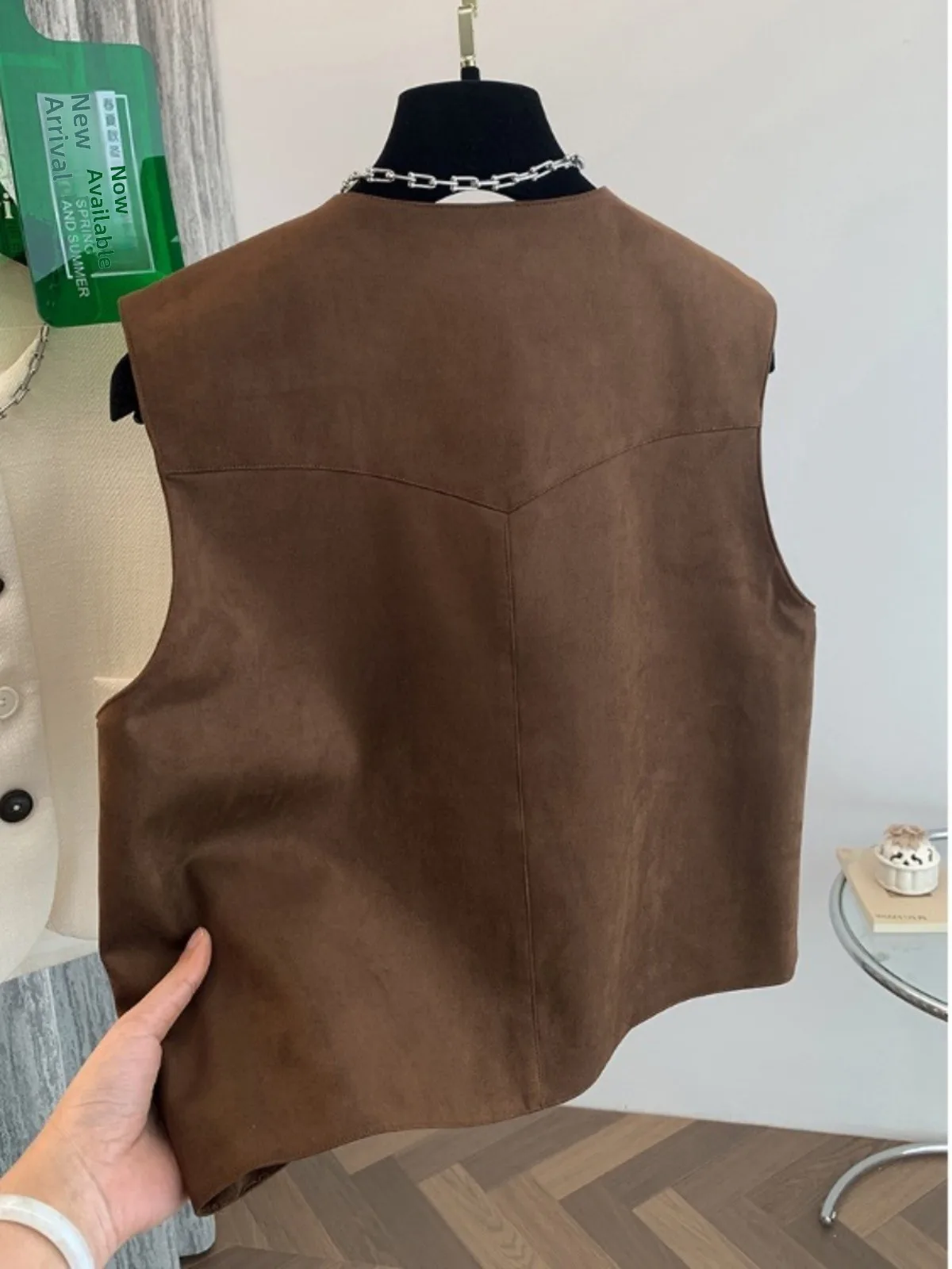 Faionable Suède Vest Diepbruin Retro Jaet Dames V-hals Veelzijdige Hong Kong Sle Top Trendy Lentekleding