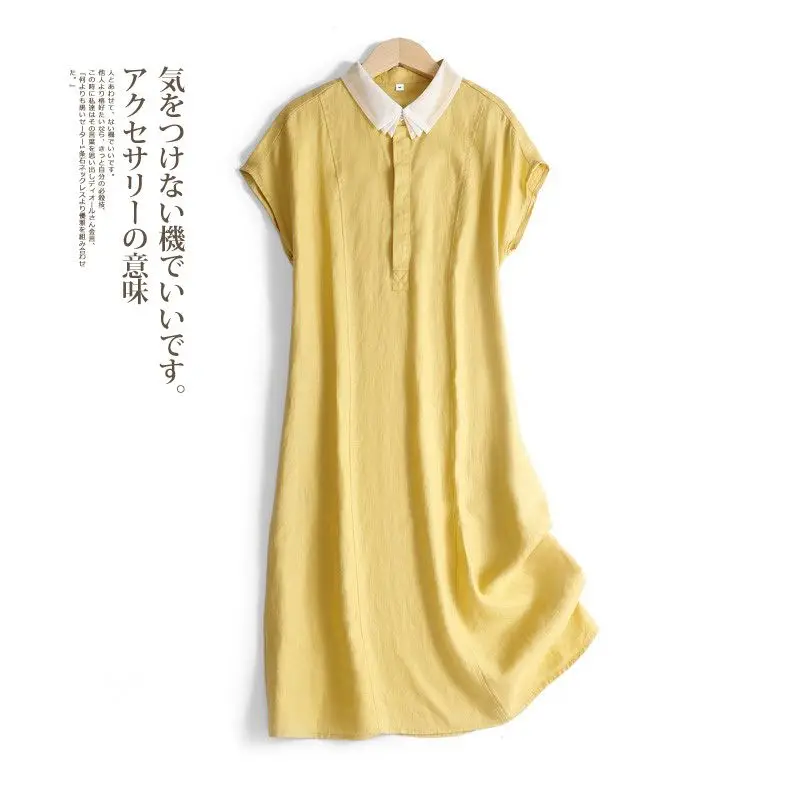 Camisa con cuello de bebé estilo bosque Vestido largo Algodón Lino Manga corta