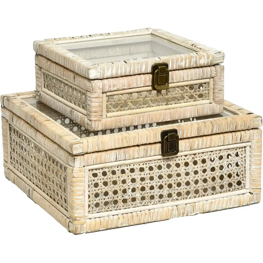 

Rattan and Cane Square Stacking Boxes with Glass Top Lid - Set of 2 for Boho, and Rustic Farmhouse Décor, White Wash
