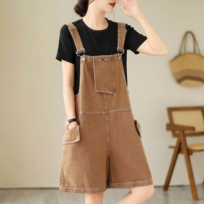 Denim Jumpsuits for Women Vintage Korean Style One Piece Outfit Casual Cropped Rompers Solid Short Jeans Summer Women Clothing