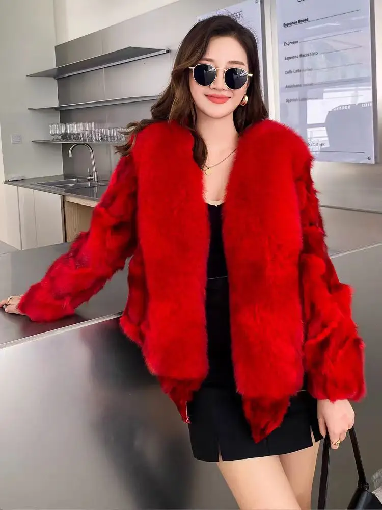 2024 autumn and winter new full leather fox fur coat women\'s short full leather placket V-neck thickened real fur coat