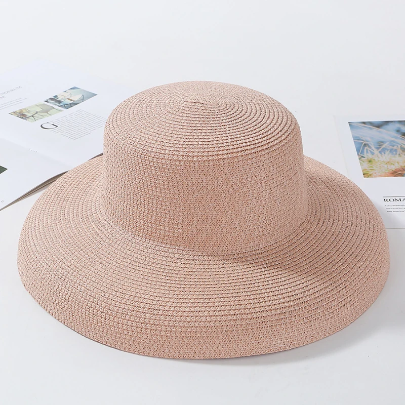 2023 New Summer Sun Hats Ladies Solid Plain Elegant Wide Brim Hat Female Round Top Panama Floppy Straw Beach Hat Women лето