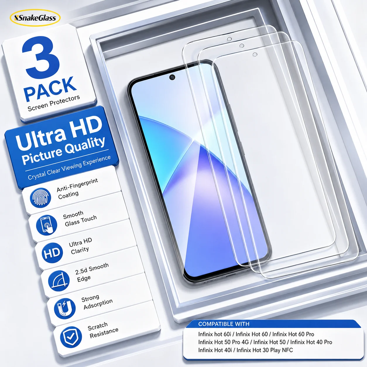 3PCS HD Tempered Glass Screen Protector For Infinix Hot 60 Pro 50 40i 30, For Infinix Note 50Pro 4G GT 30 20Pro, Anti-Scratch