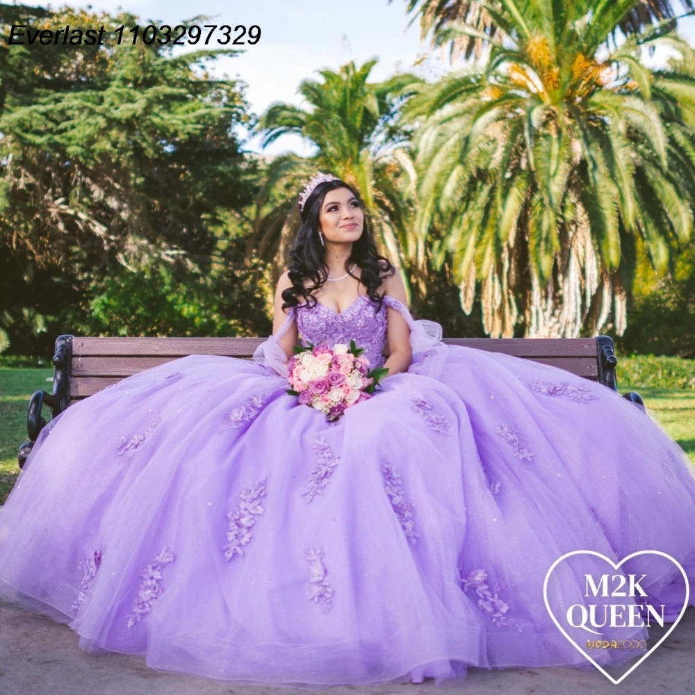 

EVLAST Shiny Lavender Lilac Quinceanera Dress Ball Gown Lace Applique Beading Mexican Corset Sweet 16 Vestidos De 15 Anos TQD829