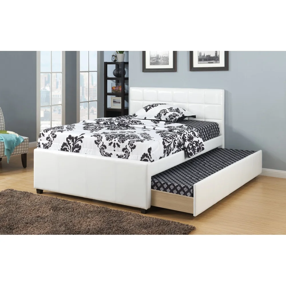 Twin Size Bed w/ Trundle Slats White Faux Leather Upholstered Plywood Kids Youth Bedroom Furniture Wooden Slats