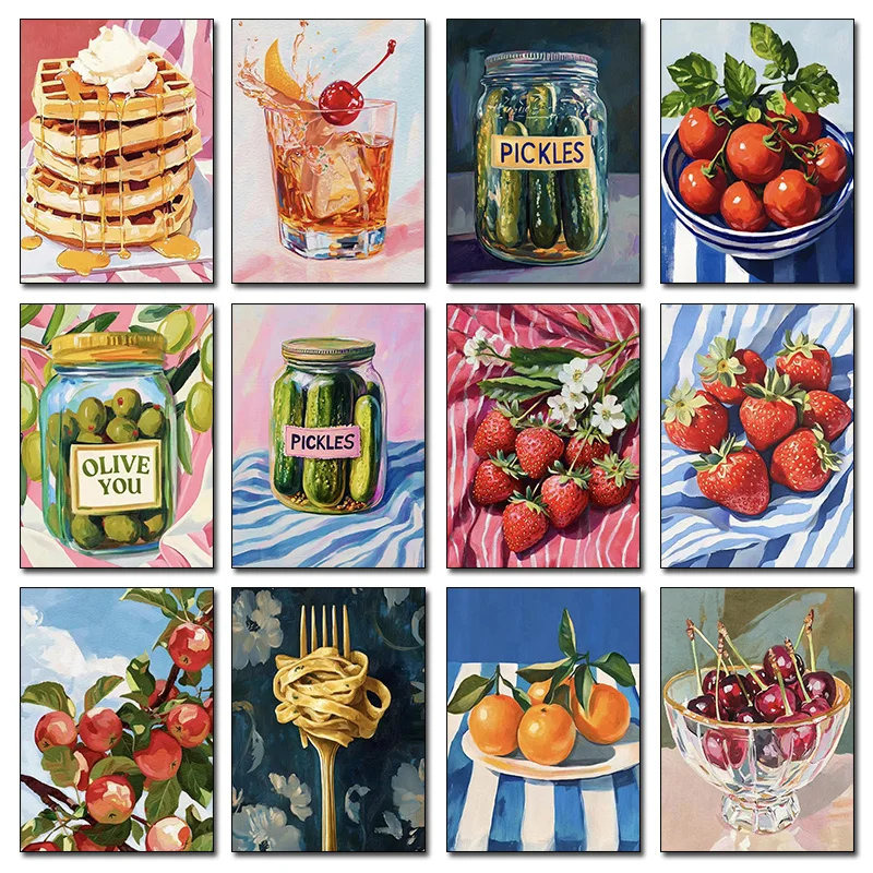 Retro Food Citrus Oranges Pasta Pickles Jar Poster Print Canvas Painting Kitchen Trendy Wall Art Pictures Home Decor Foodie Gift