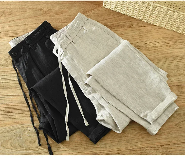 

Japanese Men's Summer Pants Breathable 100% Linens Pants Man Beach Drawstring Elastic Waist Straight Trousers Daily Casual Pants