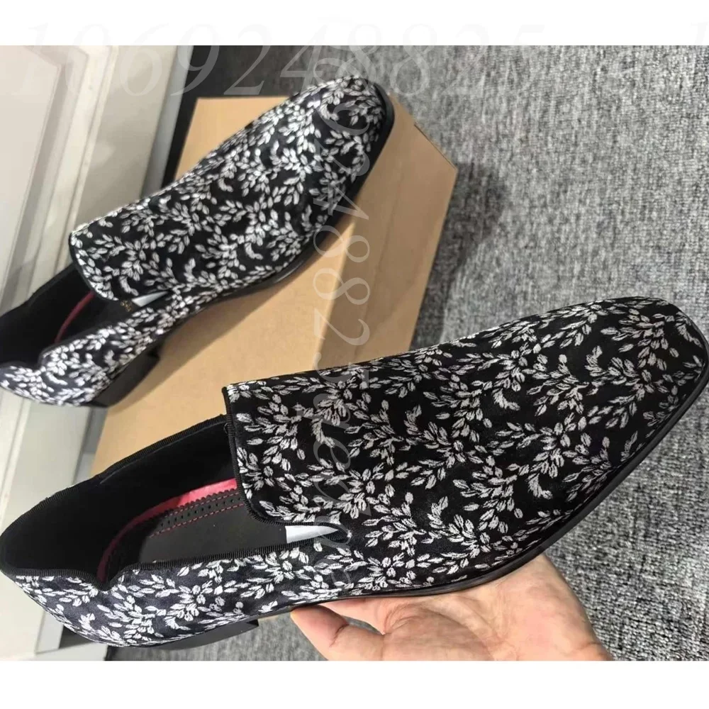 Men's Black Floral Slip-On Loafers, Closed Square Toe, Low Block Heel, White Leaf Motif Fabric Upper Classic Formal Casual Wear