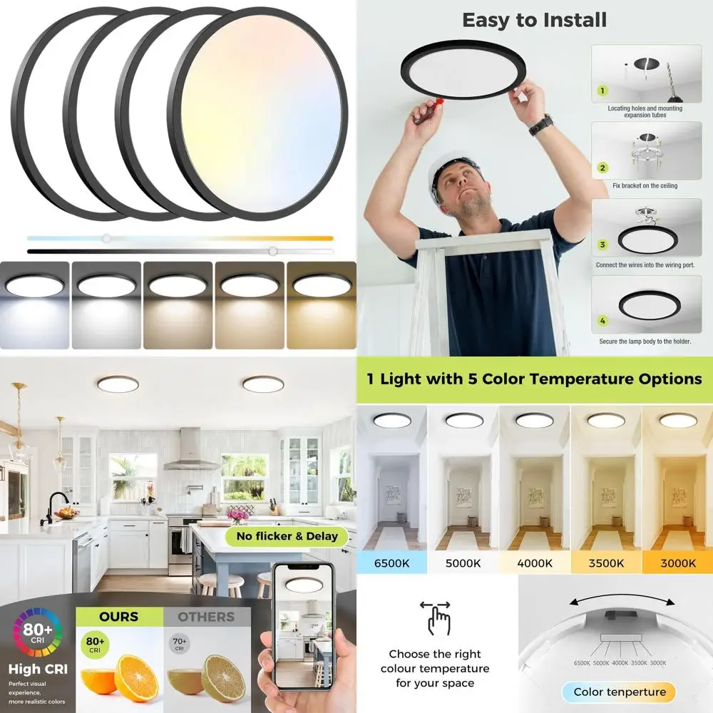 

12-Inch 24W Dimmable LED Flush Mount Ceiling Light, Adjustable 3000K-6500K, 3200LM Modern Fixture for Home Use