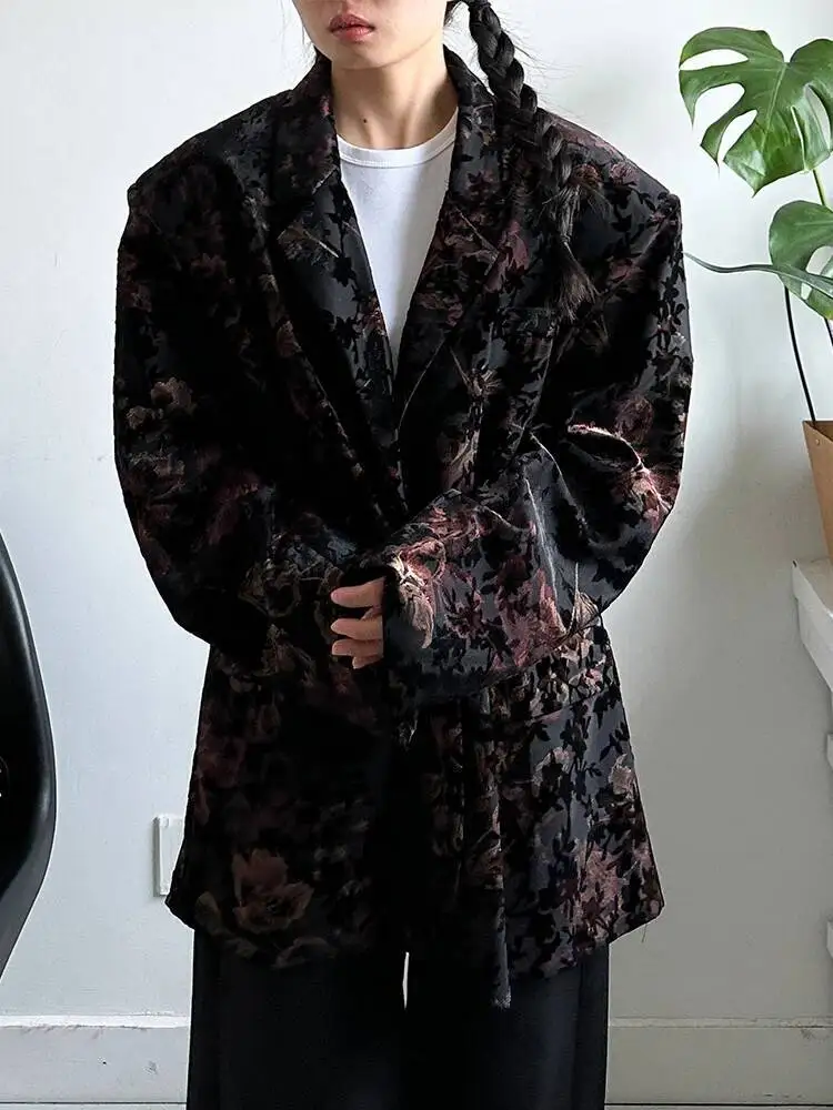

Vintage Women Black Jacquard Big Size Elegant Blazer New Lapel Long Sleeve Jacket Fashion Spring Autumn 2026 82JZ