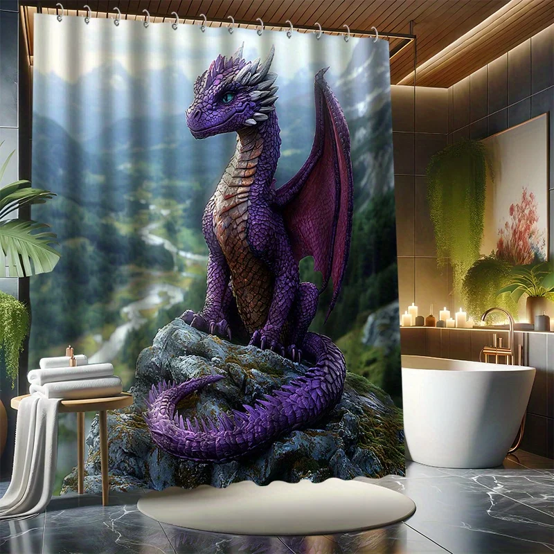 4pcs, Little Dragon Shower Curtain Set, a Purple Little Dragon with 12 Hooks, Polyester Fabric, with Bathroom Non-Slip Mat,