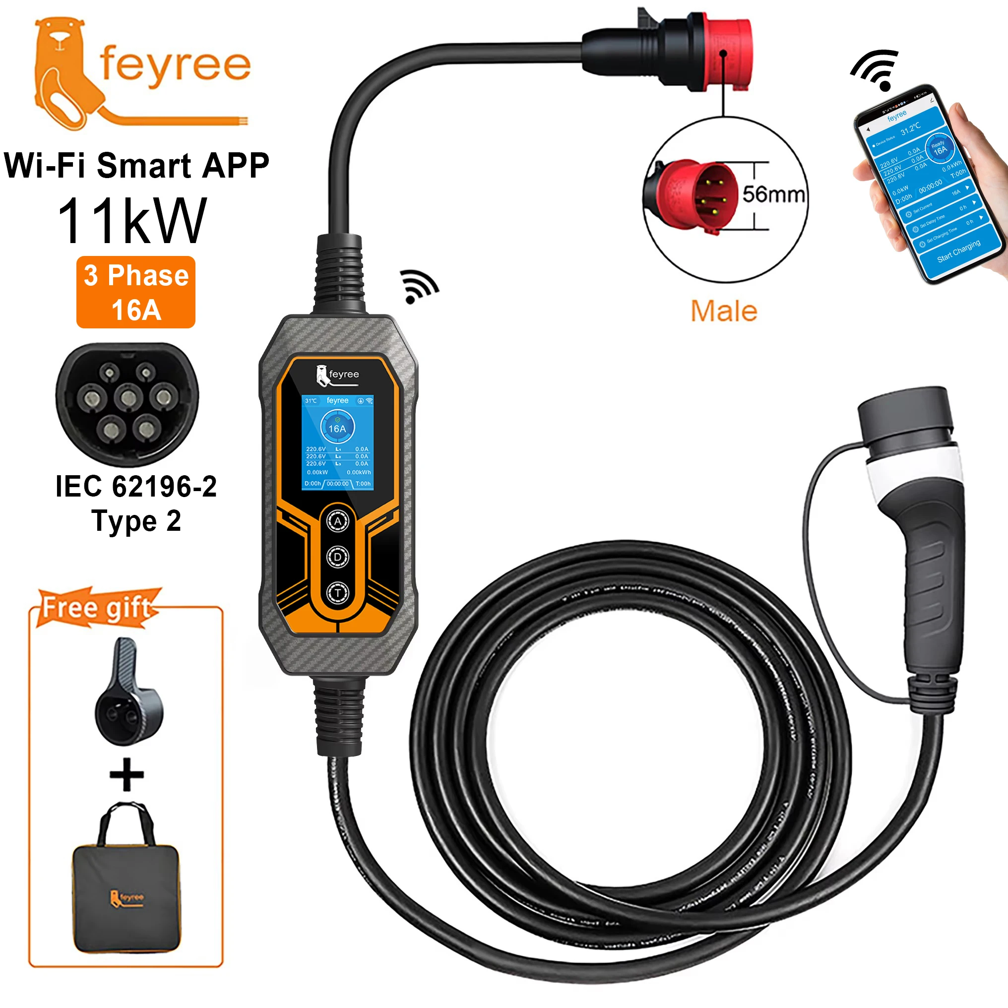 Feyree 3-fazowa przenośna łado – Type 2 Portable Ev Charger 11Kw Cee recenzja i cena
