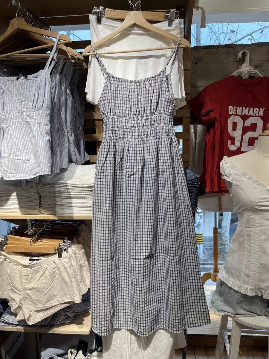 Abito longuette vintage scozzese blu scuro Donna Estate Elastico in vita A-line in cotone con volant Lace-up Vestido Dolce e carino Abiti lunghi con camicette Nuovo