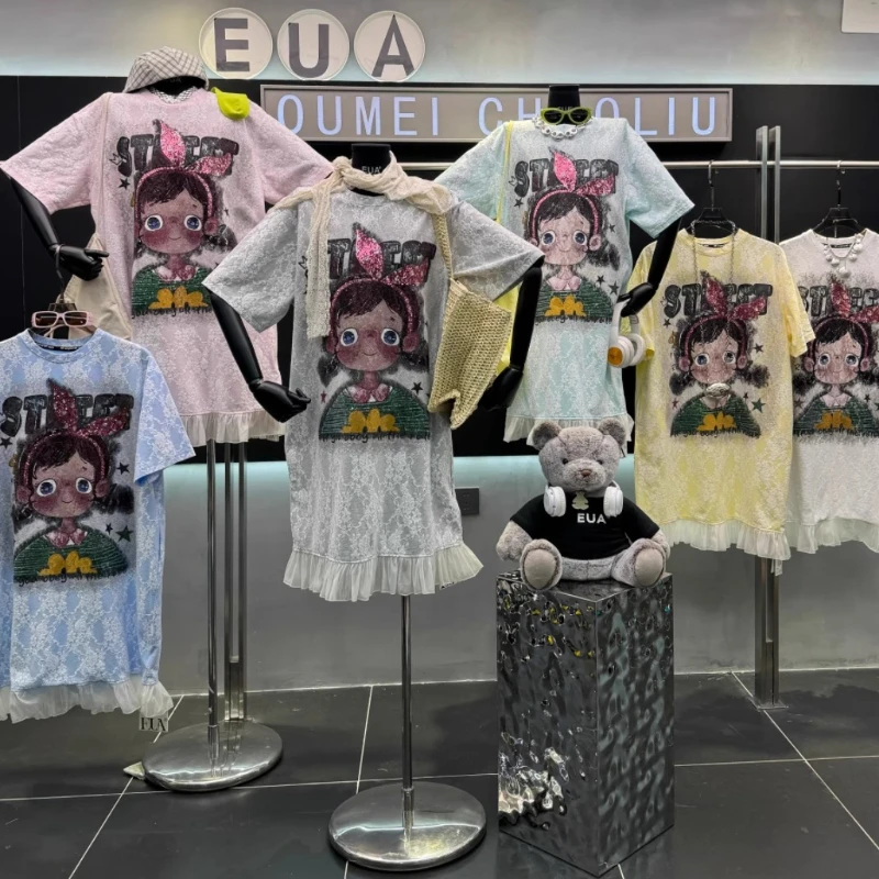 Zomer losse mode en dunne jurken modeontwerp met korte mouwen kant splitsen afdrukken T-shirt jurk blauwe kleur lange vestidos