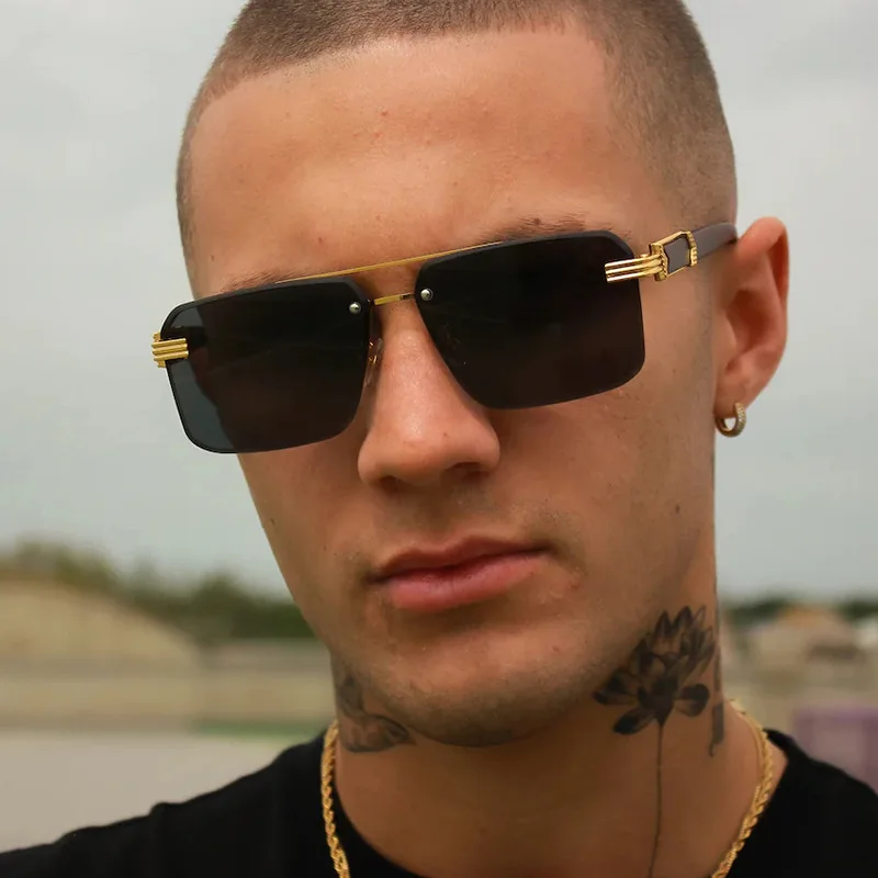 

New Men Frameless Double Beam Fashion Sunglasses Border Wood Grain Bracket for Male and Female Drivers Black Eyeglasses