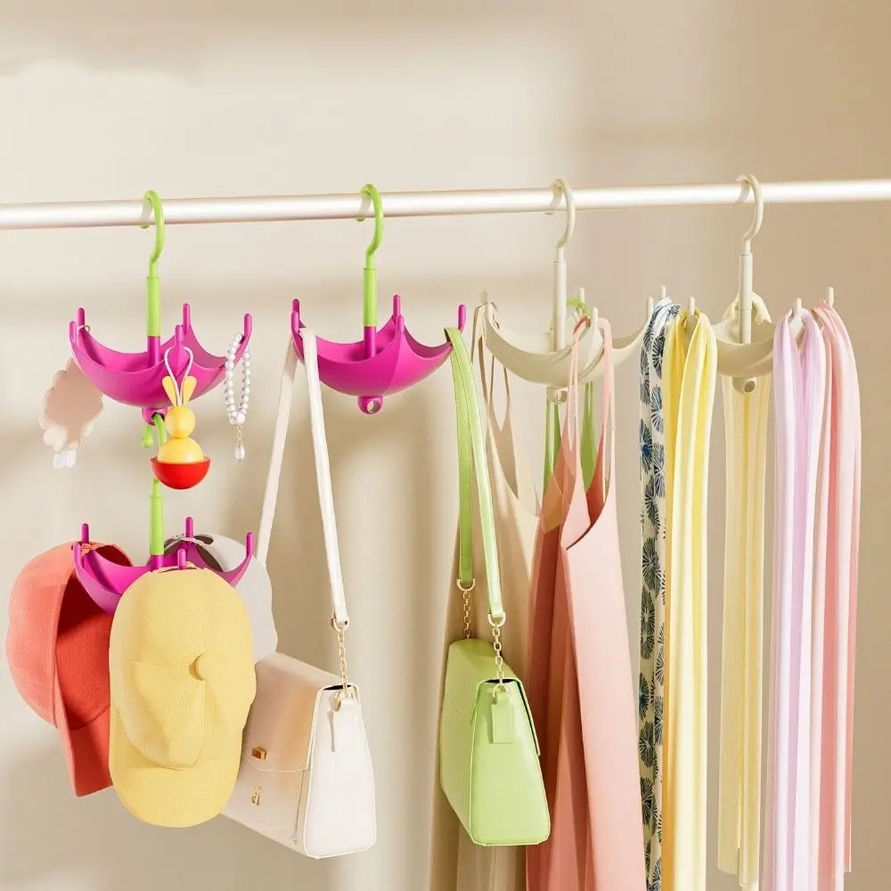 

2Pcs Plastic Dopamine Umbrella Shape Hooks 5 Claw Rotatable Scarf Storage Rack Space Saving Punch Free Bag Hooks for Home