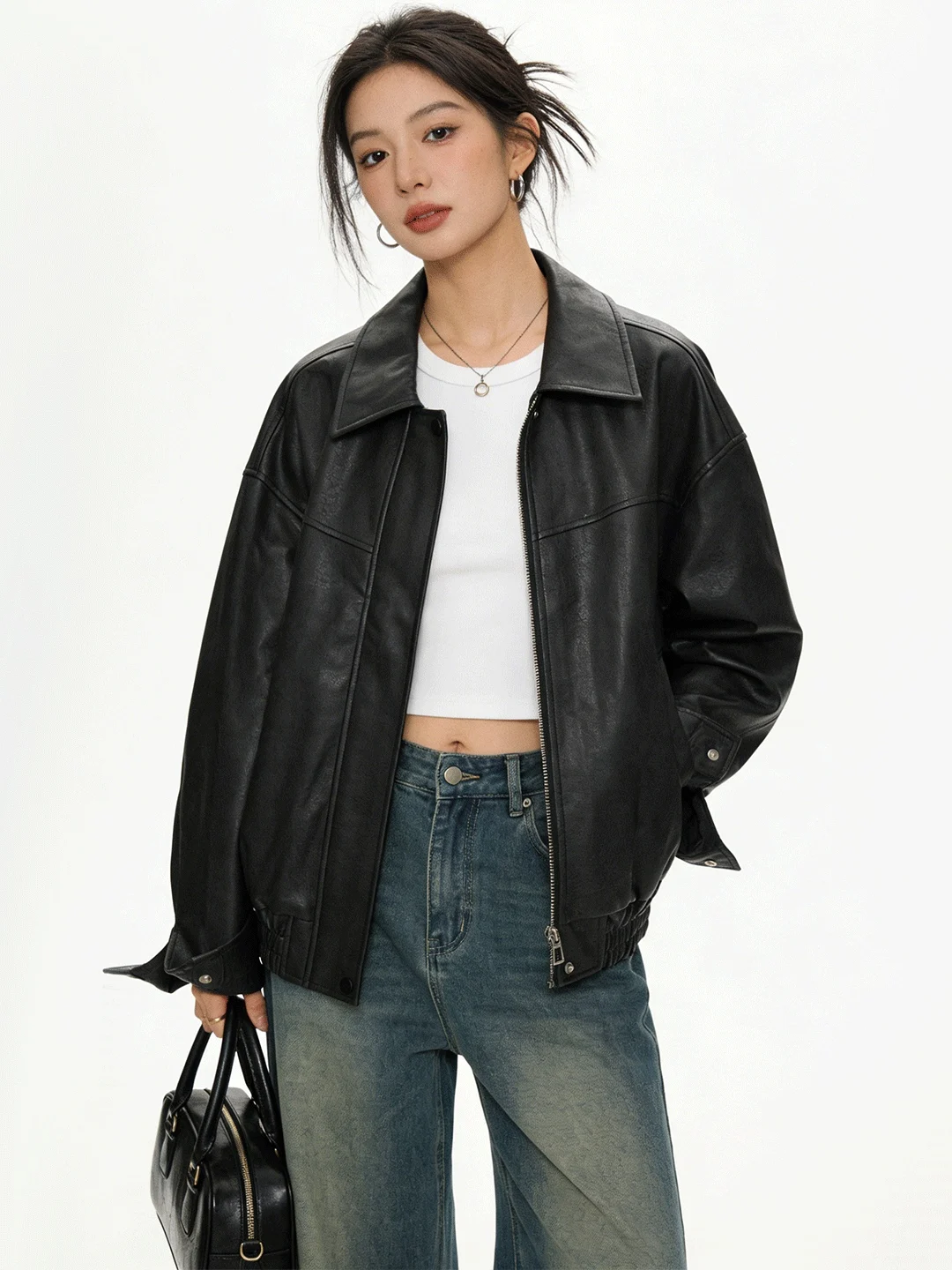 

Sweet Cool Retro Biker Bla Leather Jaet Casual Versatile Spring New Sle Simple Sli Outerwear for Young Women