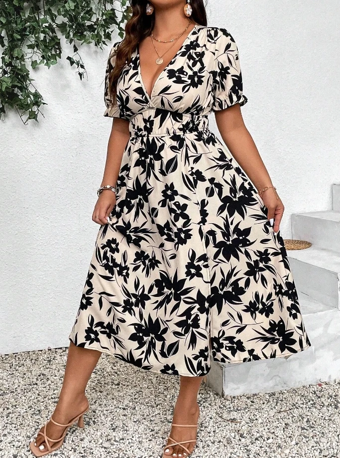 Robe longue à imprimé floral pour femmes, col en V, taille haute, manches courtes, cintrée, à la mode, nouveau style, été