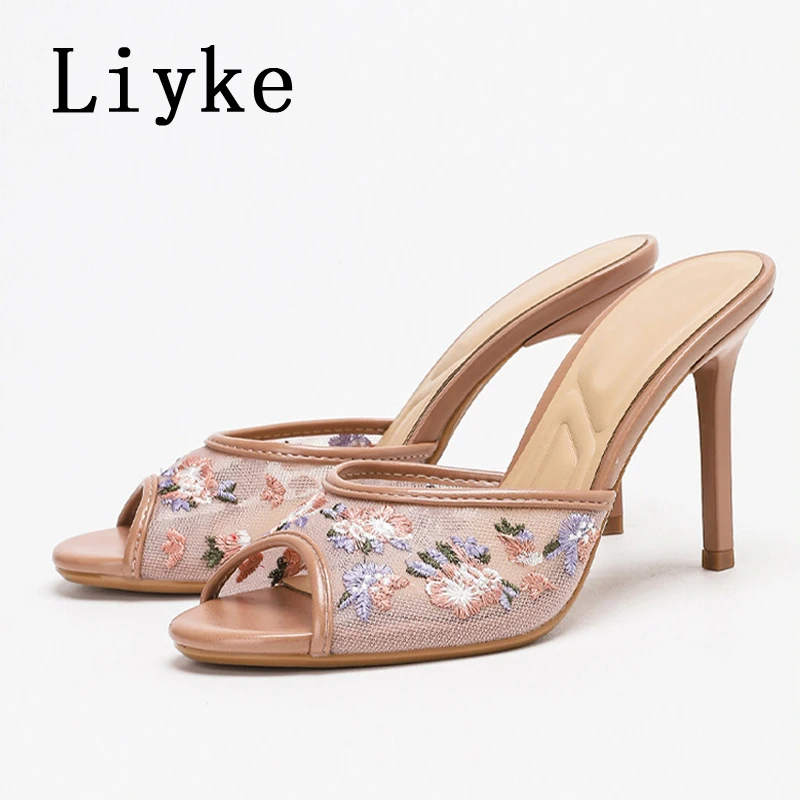 

Liyke High Quality Embroider Flower Mesh Women Slippers Sandals Summer Peep Tpe Thin Heels Party Prom Shoes Female Mules Slides