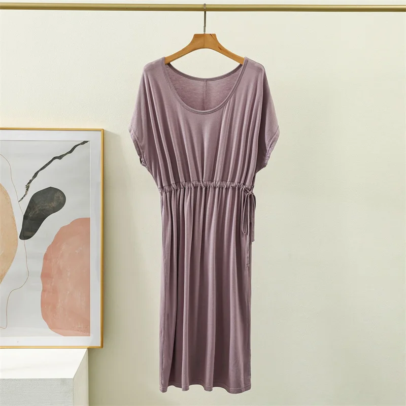 Modal Mid Length Long Dress Loose Elastic Pleated Nightdress Short Sleeved Summer Sleepwear Women Comfortable Ladies Nightgowns