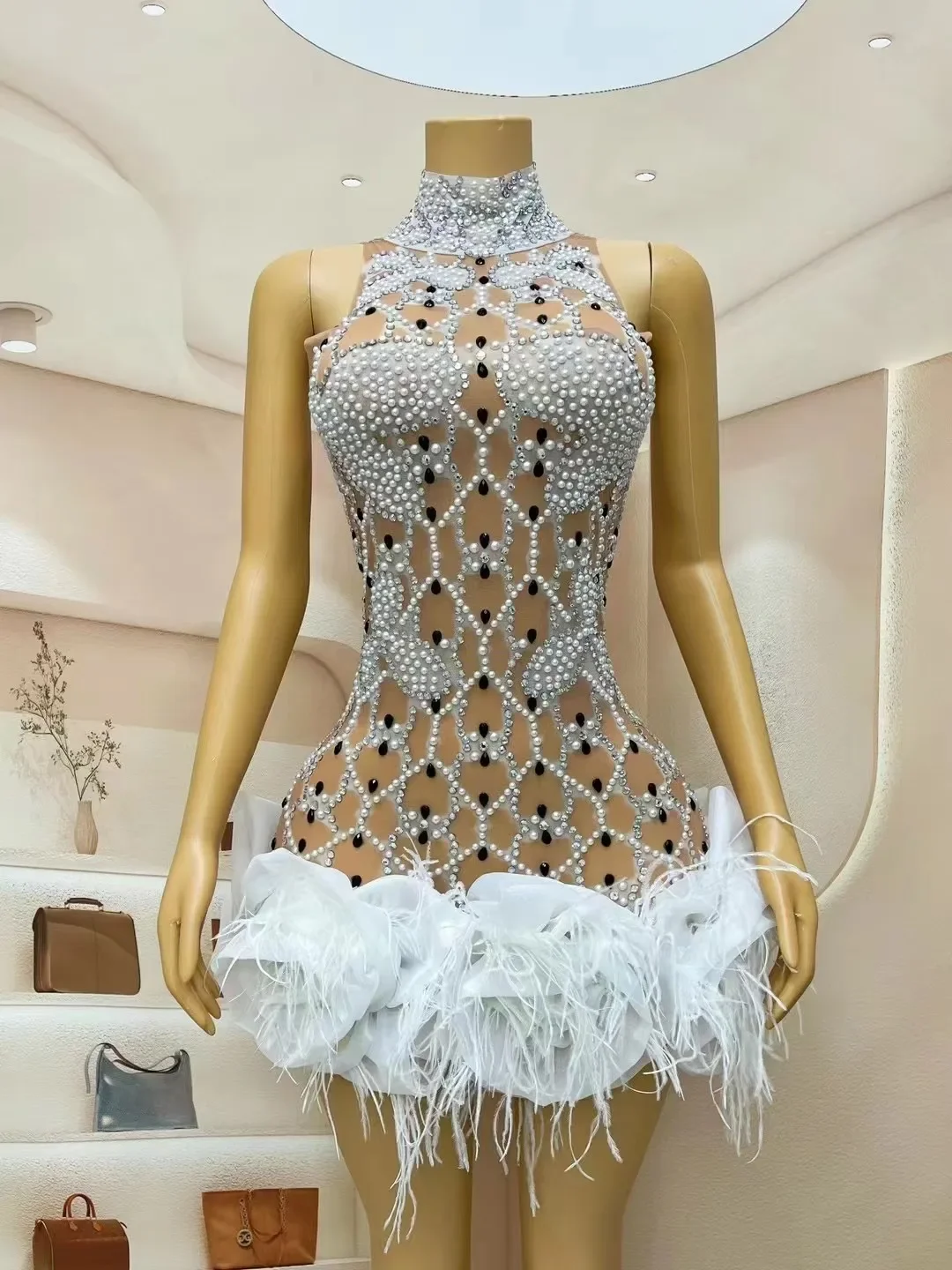 Strój imprezowy dżetów perły koronkowa sukienka z piórami kobiety urodziny suknia wieczorowa etap wykonaj kostium do sesji zdjęciowej