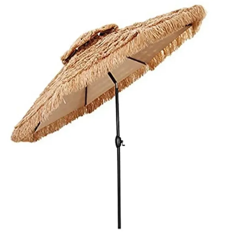Commercial Raffia Fringed Beach Umbrella Large Tiki Style Patio Umbrella with Heavy Base for Beach Rentals and Resorts