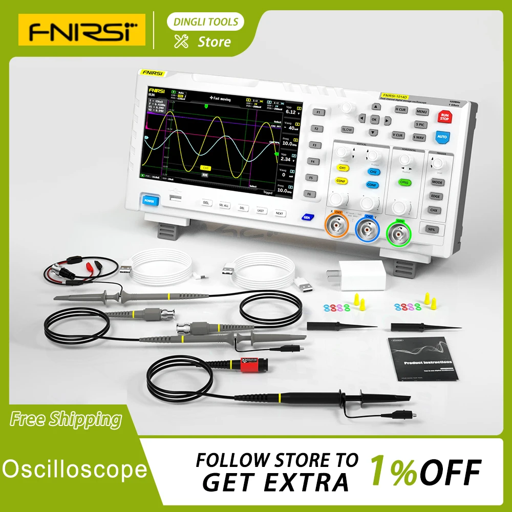 Fnirsi 1014d Digital Oscilloscope 2 In 1 Dual Channel Input Signal Generator 100mhz*2 Analog Bandwidth 1gsa/S Sampling Rate Tool