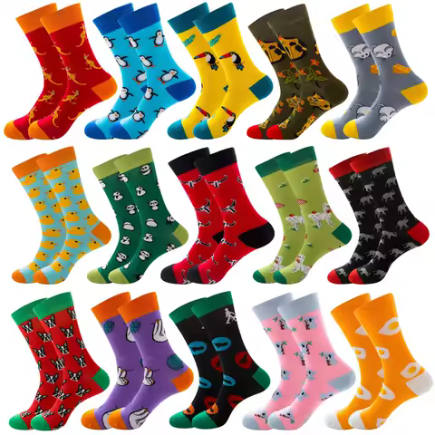 High Quality Combed Cotton Socks Cartoon animal Pattern Funny Happy Men Socks Skateboard Crew Casual Crazy Sock