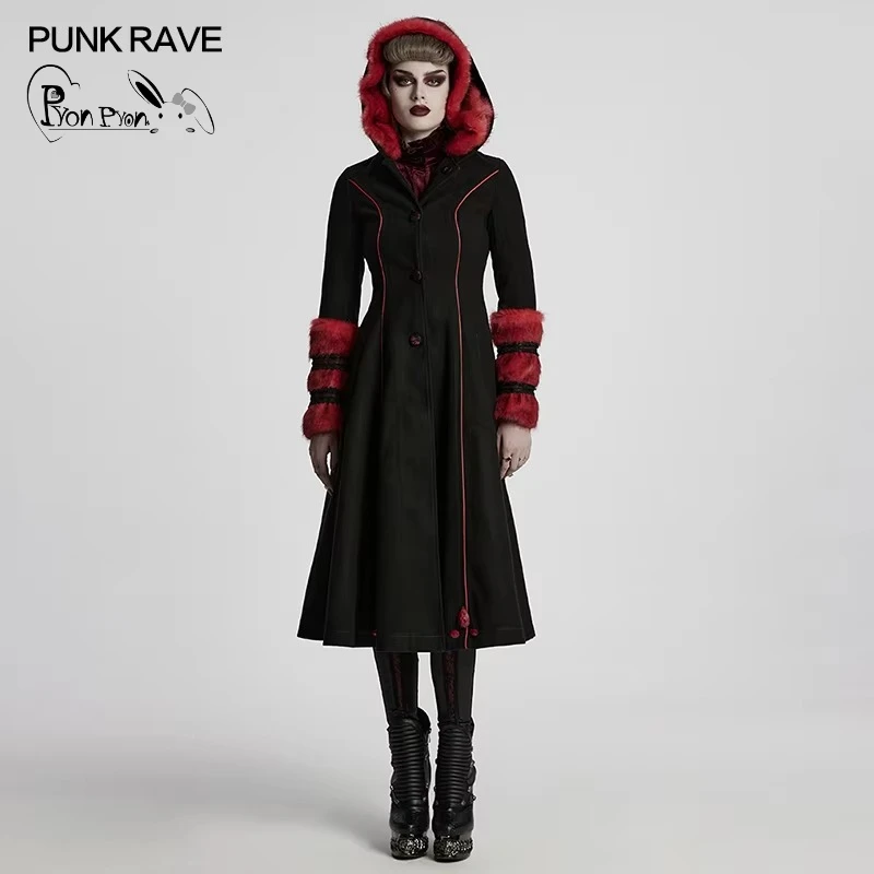 PUNK RAVE Women's Lolita Forward Reverse Two-Wear Detachable Fur Coat Hooded Long Jackets Overcoats Autumn Winter