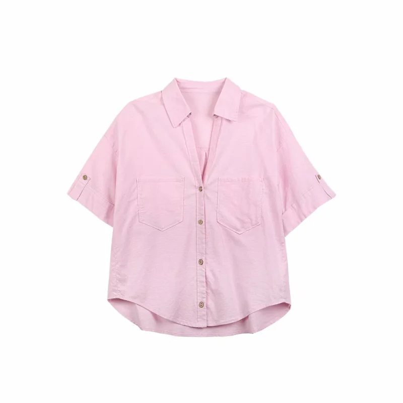 ETJ 2025 estate nuova camicia corta casual a maniche corte allentata in tessuto misto fresco e traspirante da donna