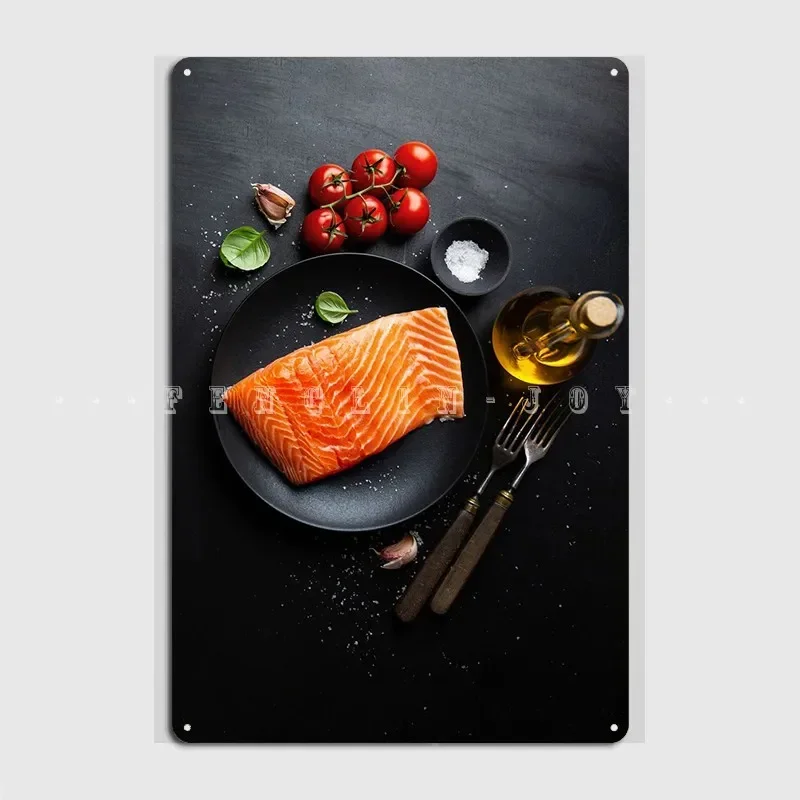 Póster de placa de Metal de salmón con especias, cartel de impresión de pared de cocina y cine, cartel de estaño